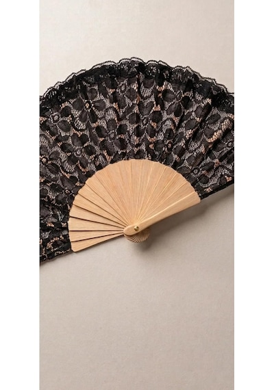 Dantel Detaylı Bambu Katlanır El Yelpazesi, Siyah, 43 X 23 Cm, Çiçek Desenli