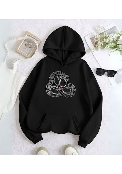 Oldeys Y2k Snake Web Taş İşleme Detail Baskılı Kapşonlu Sweatshirt SIYAH