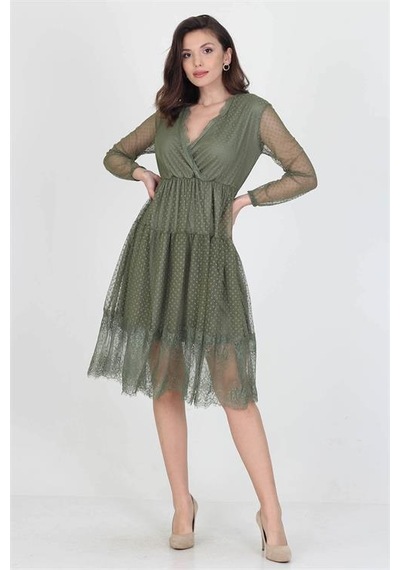 Neşeli Butik Neseli Butik Kruvaze Yaka Eteği Güpür Detaylı Yeni Sezon Elbise Nb0010 Haki