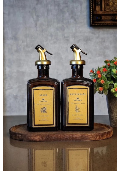 Khakma Ahşap Standlı Amber Gold Zeytinyağı Sirke Şişesi Yağlık Yağdanlık 2'li Set
