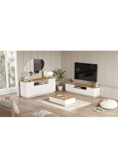 Robin Home Loft Tv Ünitesi Orta Sehpa Konsol 3'Lü Set Çam-Beyaz