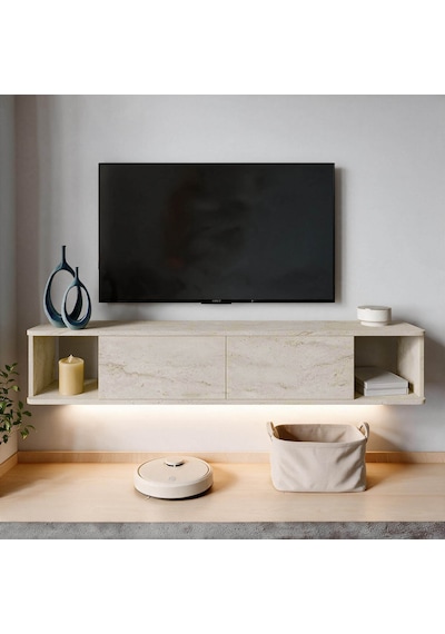 İnarch Dizayn Twist Led Işıklı Duvara Monte Tv Sehpası - 2 Kapaklı Traverten