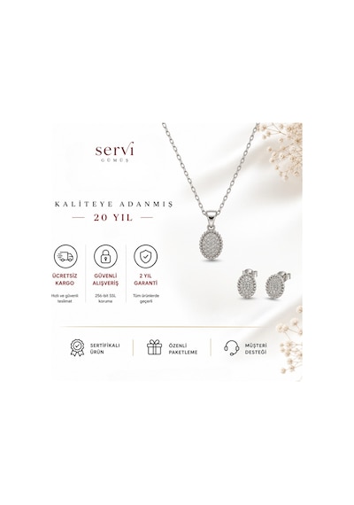 Servi 925 Ayar Gümüş Zarif Oval Zirkon Taşlı Kolye, Küpe Ve Bileklik Seti-539