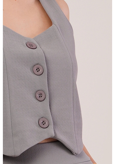 Defymoda Kalın Askılı Düğmeli Yelek Ve Pantolon Gri Takım Gri
