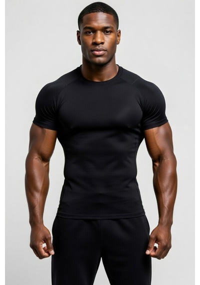 Premium Siyah Kısa Kol Compression Erkek T-shirt Spor Gym Fitness Boks Kickboks Tişört Siyah