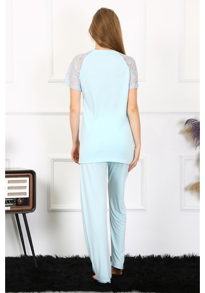 Akbeniz Kadın Kolu Dantelli Penye Pijama Takım 4151 - S Su Yeşili