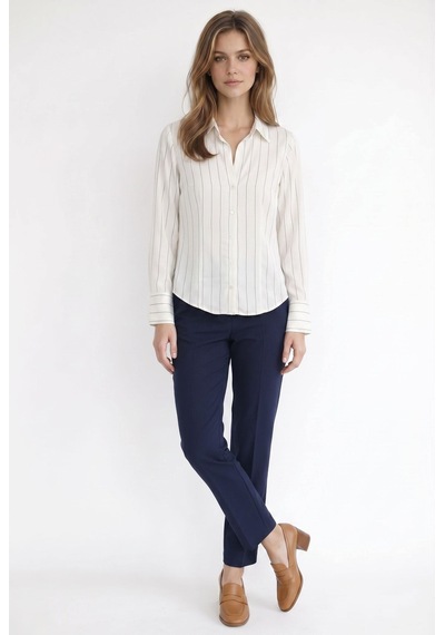 Tudors Kadın Slim Fit Dar Kesim Çizgili Viskon Yumuşak Dokulu Uzun Kollu Pensli Ekru Gömlek-52155