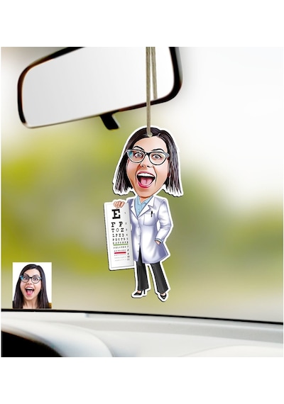 Kişiye Özel Bayan Göz Doktoru Karikatürlü Ahşap Araba Dikiz Ayna