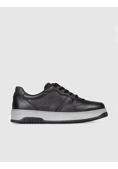 Hakiki Deri Siyah Bağcıklı Erkek Sneaker Spor Ayakkabı Siyah