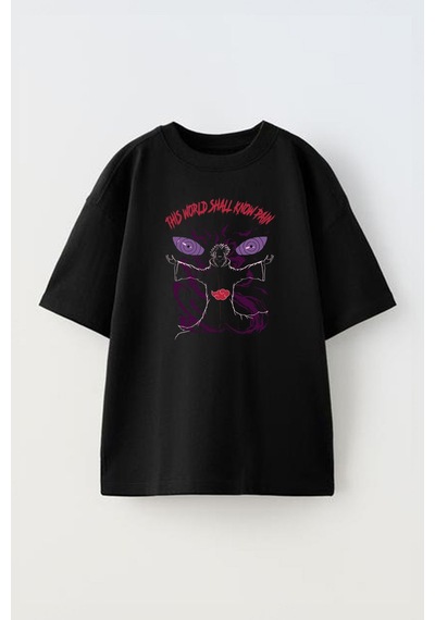Thewert Unisex Pain Tasarım Baskılı Pamuk Sıyah Oversize T-shirt Siyah