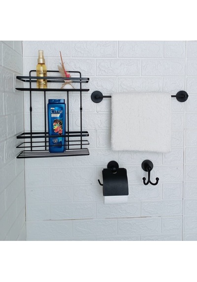 Yapışkanlı Banyo Aksesuar Seti 2 Katlı Banyo Rafı,uzun Havluluk,tuvalet Kağıtlığı, Bornozluk Siyah