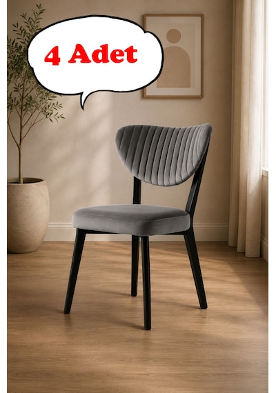 Teknor 4 Adet Elma Sandalye Modern Kadife Kapitone Sırtlı Mutfak Yemek Odası Balkon Kafe Sandalyesi 85 Cm Koyu Gri