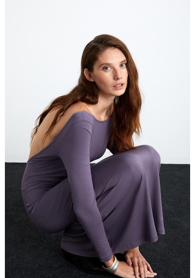 Ethıquet Krızıa Kadın Viskon Likralı Sırt Dekolteli Eteği Geniş Maxi Mürdüm Elbise