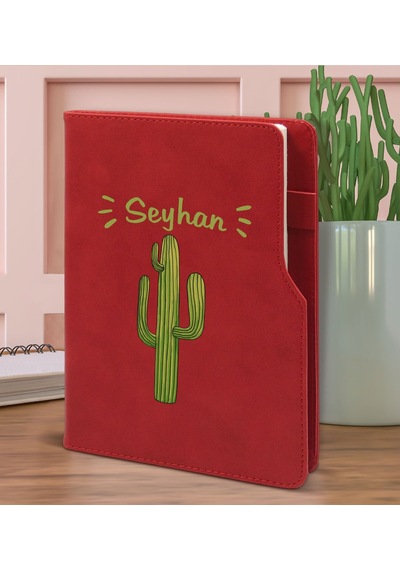 Bk Gift Kişiye Özel Kaktüs Tasarımlı Kırmızı Termo Deri Not Defteri 15x21cm-1