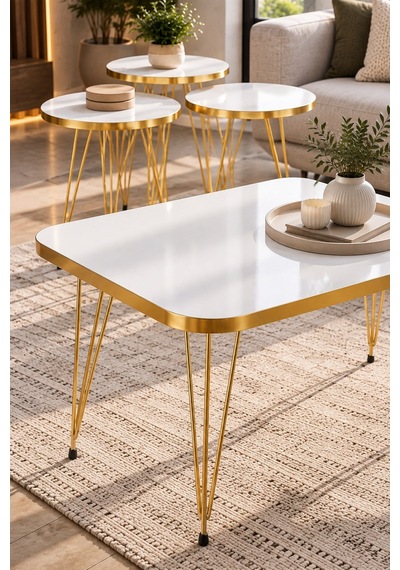 Sulorahome 4'lü Sehpa Seti Beyaz Tablalı Ve Gold Metal Ayaklı Beyaz - Altın