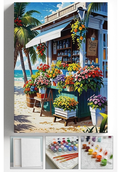 Sayılarla Boyama Çerçeveli Hobi Seti Numaralı Tuval Fırça Boya Dahil Kasnaklı Çiçekçi 40x50 Cm
