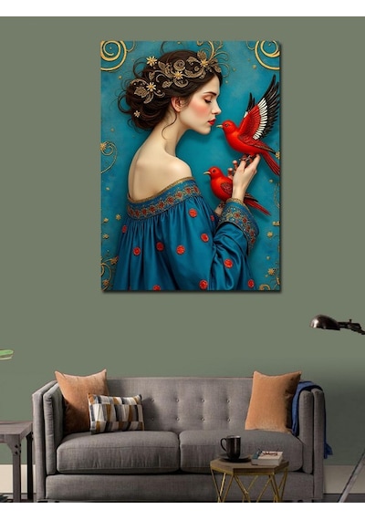Kanvas Tablo Kırmızı Kuş Ve Kadın 70cmx100cm