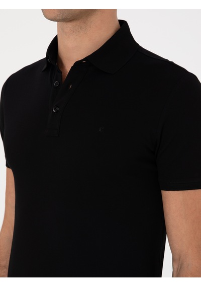 Siyah Slim Fit Polo Yaka Pamuklu Basic T-shirt