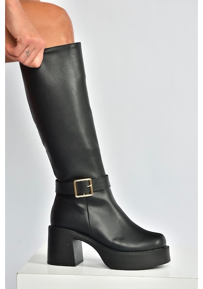 Fox Shoes V726454109 Siyah Kalın Topuklu Klasik Kadın Çizme Siyah-Suni Deri