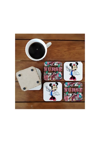 Hemşire Minnie Dekoratif Ahşap Bardak Altlığı Seti 020 Çok Renkli
