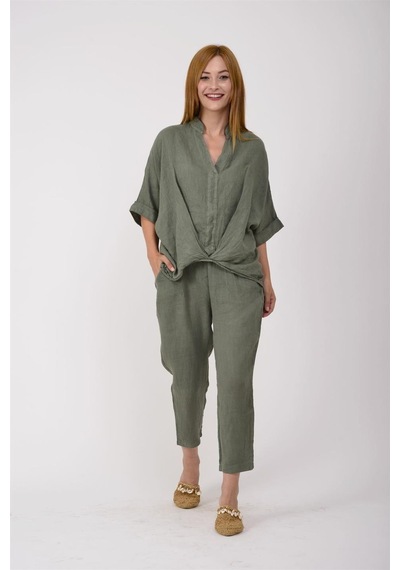 Bohem Stil Kadın Keten Havuç Pantolon-8603 Haki Yeşil Haki