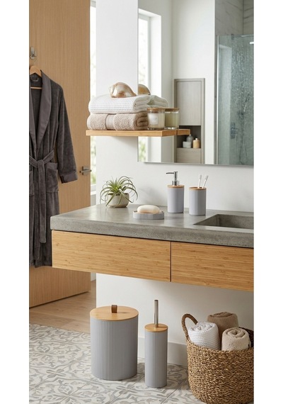 Makri Home 5 Parça Yuvarlak Banyo Seti, Bambu Kapaklı, Gri, Hacim: 7 Litre Gri