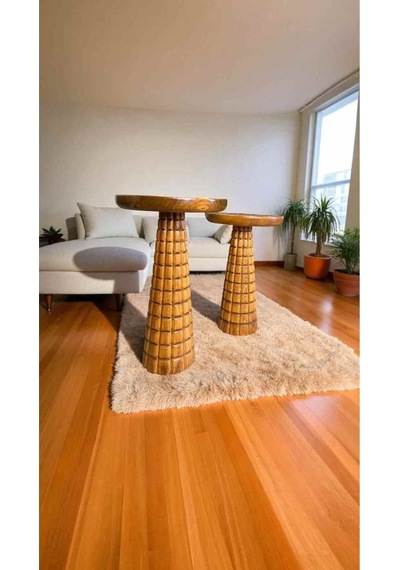 2 Li Masif Ahşap Yan Sehpa Takımı Tik Renk Doğal Zigon Fiskos Seti - Wooden Coffee Table Tik Ağacı