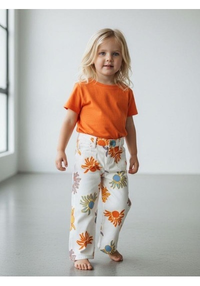 Zekids Kız Bebek Çiçek Desenli Geniş Paçalı Denim Pantolon-16718 Turuncu