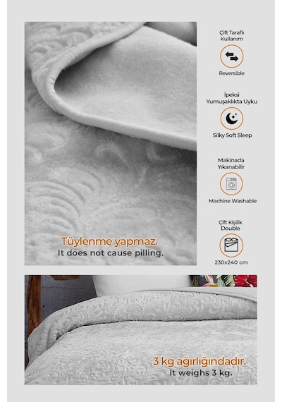 Evlen Home 3 Kg Embos Baskılı Pamela Kalın Çift Kişilik Battaniye 230x240 Cm Gri Gri