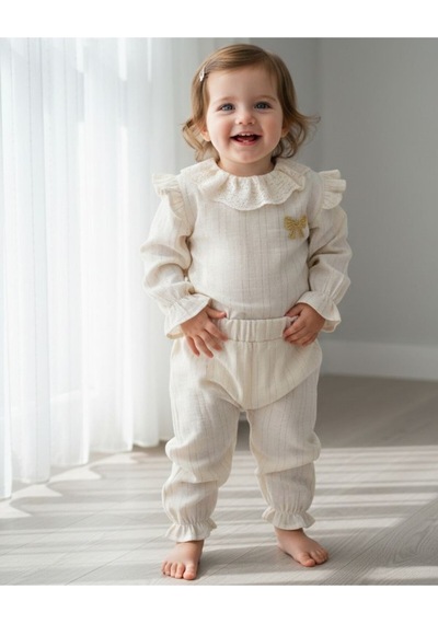 Babyhola Kız Bebek Takım Bayramlık Fiyonk Detaylı Simli Müslin İkili Set 2006 Altın