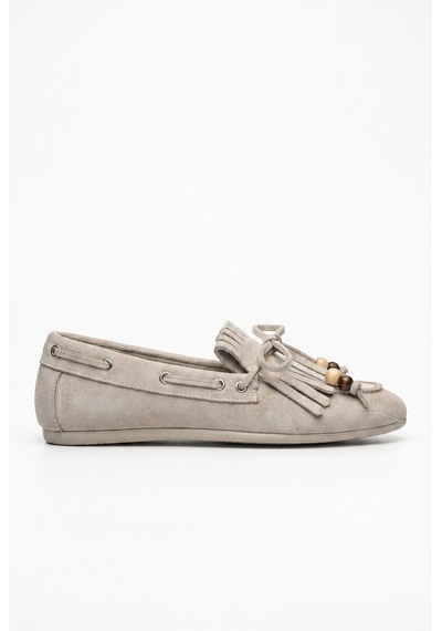 Giamgia Store Püsküllü Boncuk Detaylı Krem Süet Makosen Loafer Ayakkabı-2366