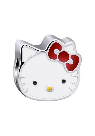 Kırmızı Fiyonklı Kedi Charm Gümüş