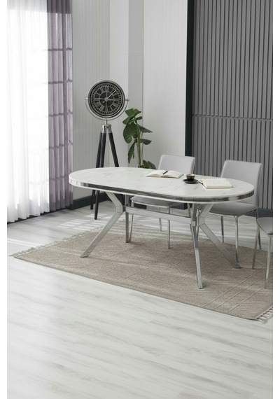 Zae Mdf Yemek Masası 90x170 Cm Beyaz Mermer/nikel Beyaz Mermer/nikel