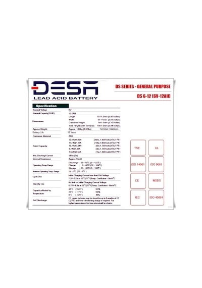 Desa Ds6-12Ds 6V-12Ah Bakımsız Kuru Akü