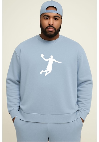 Benroma 3 İplik Penye Basketbolcu Baskılı Büyük Beden Unisex Sweatshırt Bebe Mavisi