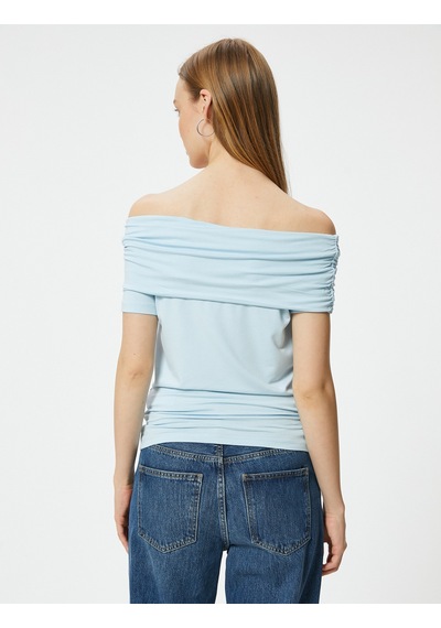 Koton Omzu Açık Tişört Drape Detaylı Slim Fit Viskoz Kumaş Mavi 4sal11042ık Mavi