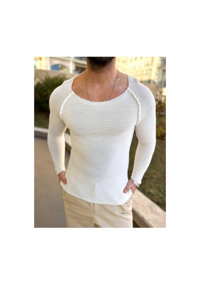 Elku Moda Kazak Slim Fit Triko Dar Kesim Geniş Yaka Yumuşak Dokulu Pamuklu Kazak Ekru