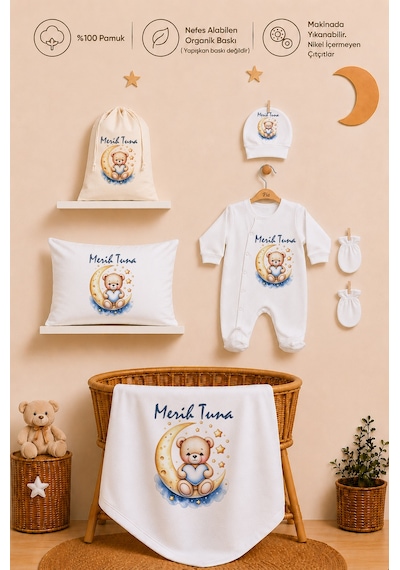 Pia Baby Erkek Bebek %100 Pamuk Hediye Seti 6 Lı İsimli Keseli Tulum Şapka Eldiven Battaniye Ve Yastık Kılıfı 1085tybk0x Krem