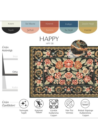 Cool Halı Happy Siyah Halı Vintage Otantik Gül Çiçek Desenli Kaymaz Dekoratif Klasik Salon Halısı