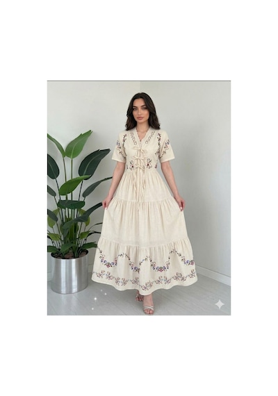 Nes Moda Kadın Etamin Nakışlı Belden Lastikli Keten Elbise Krem