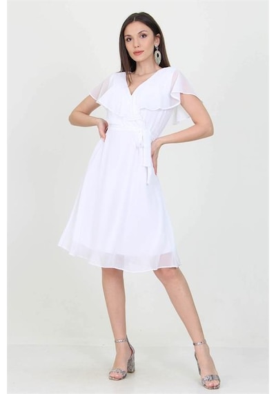 Neşeli Butik Kadın Kruvaze Yaka Bağlama Detaylı Yeni Sezon Şifon Elbise Nb8081 Beyaz