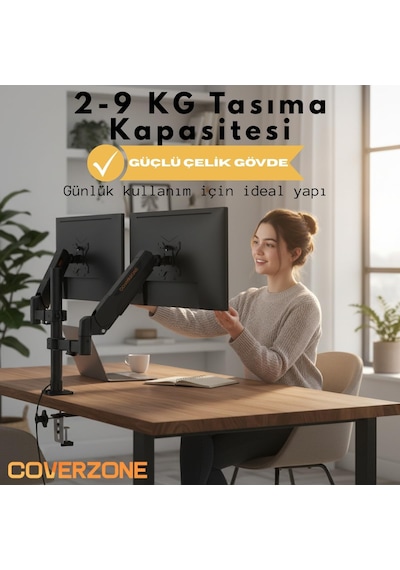 17 32 İnç Amortisörlü Çiftli Pivot Monitör Kolu, Gazlı Yaylı, 2 9 Kg, Çift Montaj Seçeneği Sıkıştırma Ve Vidalama, 360 Döner, Vesa Uyumlu Stant, M01, Siyah