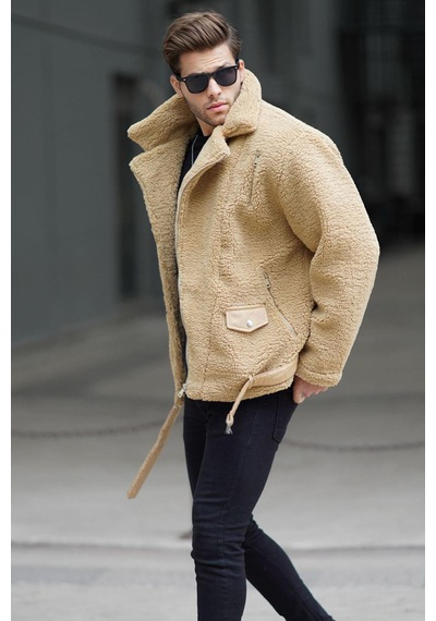 Madmext Camel Peluş Biker Erkek Ceket 6849-camel Camel