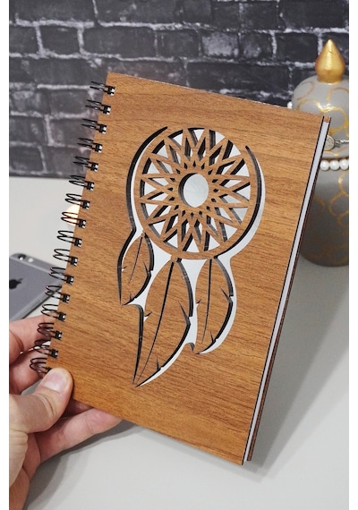 Rüya Kapanı Desenli Ahşap Defter Ajanda A5 Notebook Çizgisiz Defter Ahşap Rengi Ceviz A5 Notebook