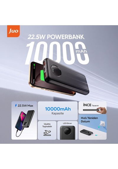10000mah 22.5w Dijital Led Ekranlı Taşınabilir Hızlı Şarj Cihazı Powerbank Siyah