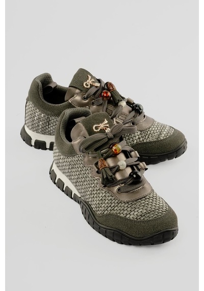 Mubiano Kadın Hasır Sneaker Süet Detaylı Boncuklu Calla Gri Gri