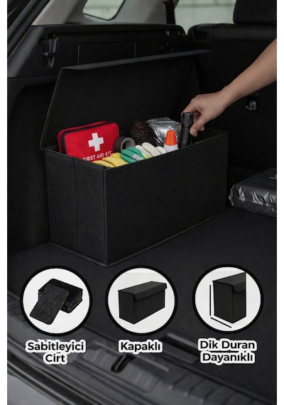 Serstil Oto Bagaj Organizer Kapaklı Düzenleyici Çanta Cırtlı, Katlanabilir Araç Bagaj Kutusu 50x25x15 Cm