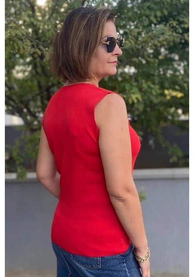 Mia Butik Kadın Lina Kırmızı Merserize Kolsuz Bluz Kırmızı