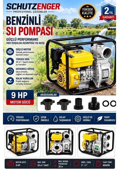 9 Hp 3 Inç Çıkışlı Benzinli Su Pompası 200 Mt Yatay Su Basar 4 Zamanlı Motor Turbo Güç Sarı