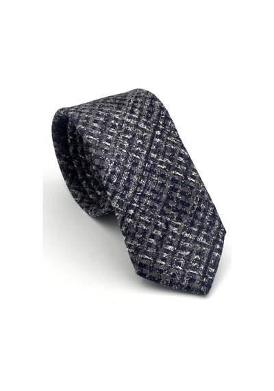 Gaffy Gri Desenli Lacivert Dokuma Kumaş Mendilli Slim Fit Kravat // Sdk-2602-2 Lacivert